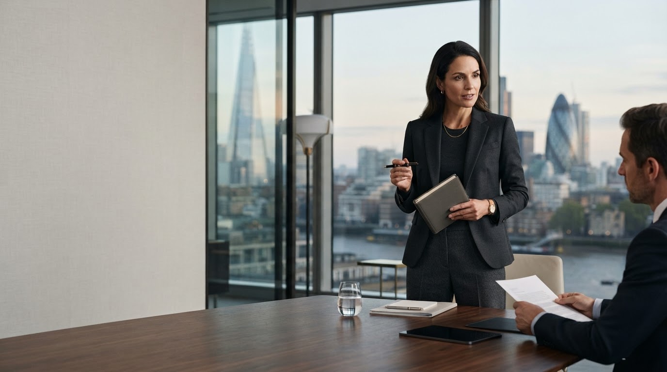 Jilljordan minimalist workspace overlooking a blurred city skyline, representing remote strategic analysis